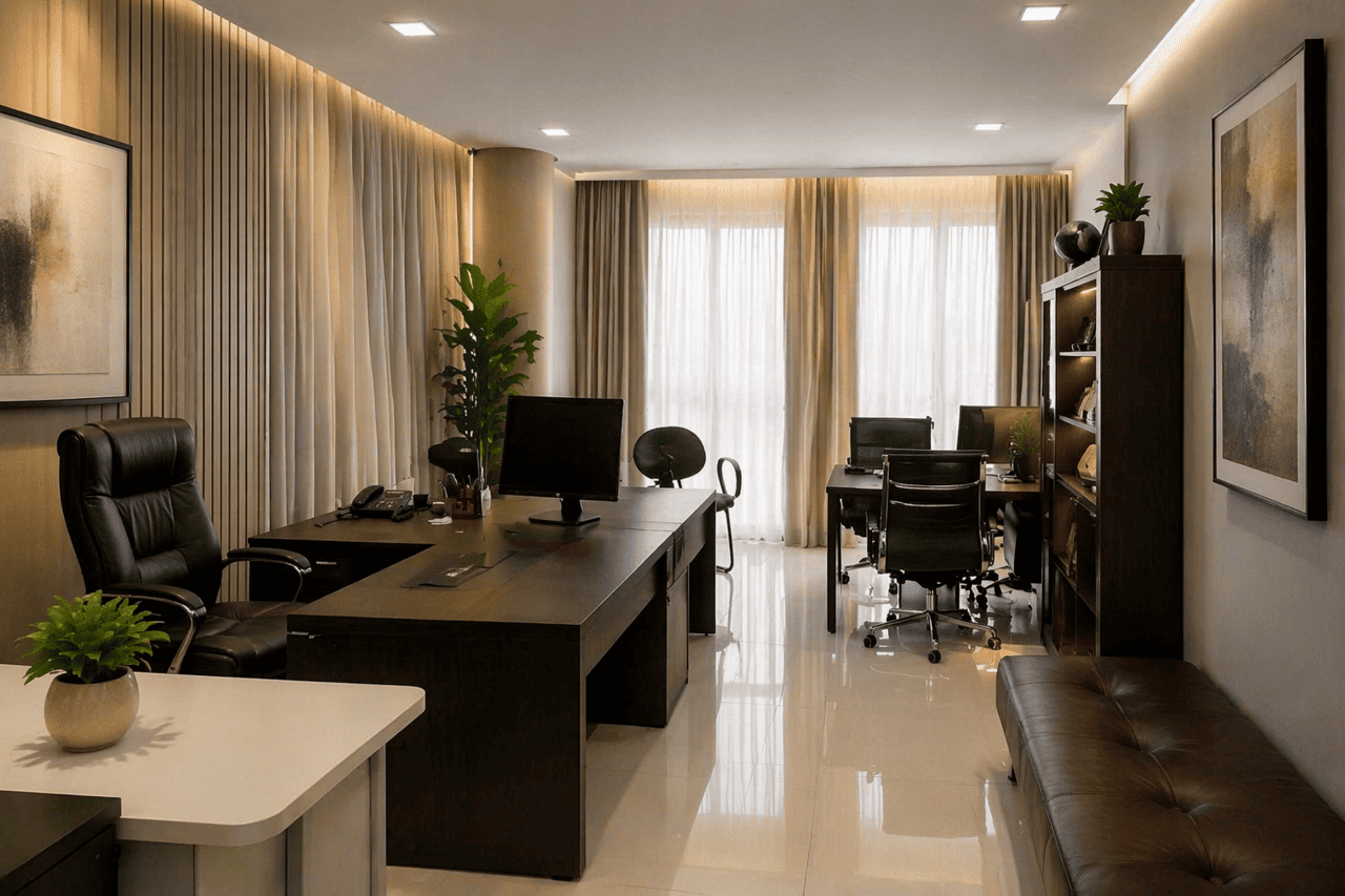 Sala de atendimento do escritório de advocacia Pimentel França, em transversal da Av. Abelardo Bueno, com mesa, poltronas e estante